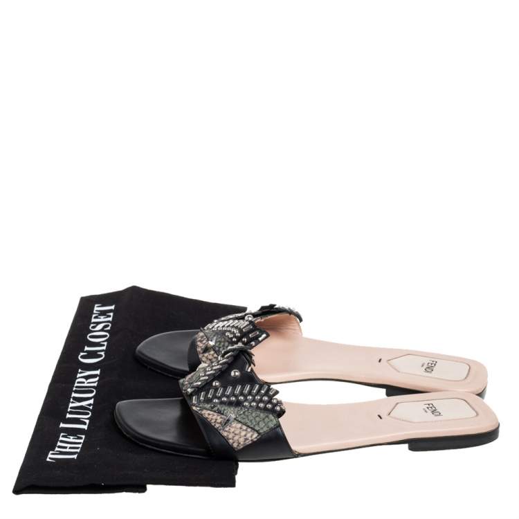 Pre Owned Fendi Black/Green Python Embossed And Leather Embellished Flat Sandals Size 40