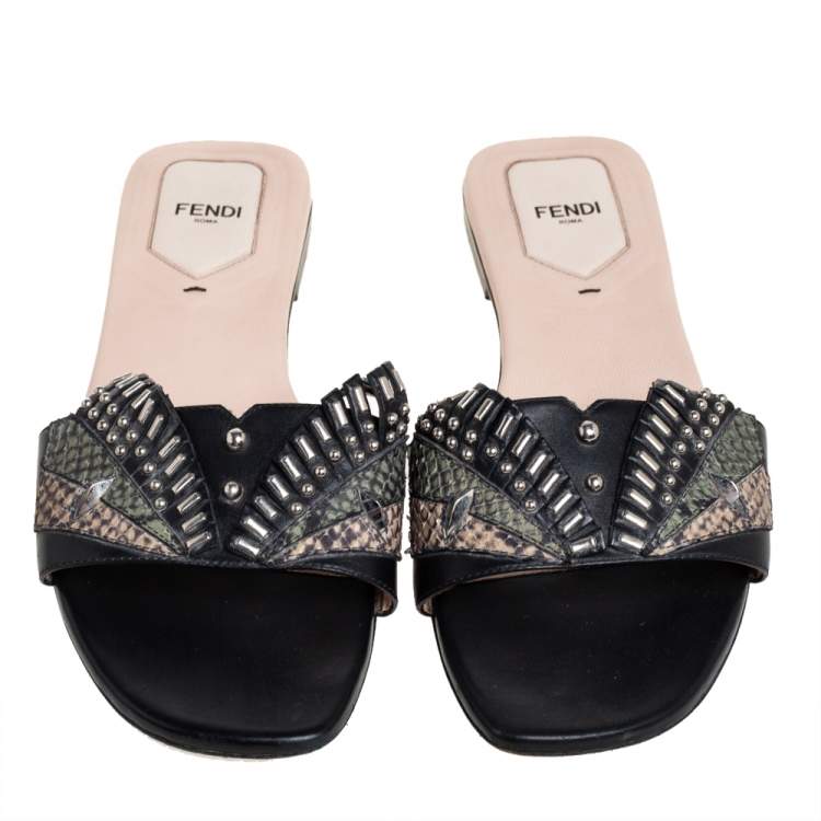 Pre Owned Fendi Black/Green Python Embossed And Leather Embellished Flat Sandals Size 40