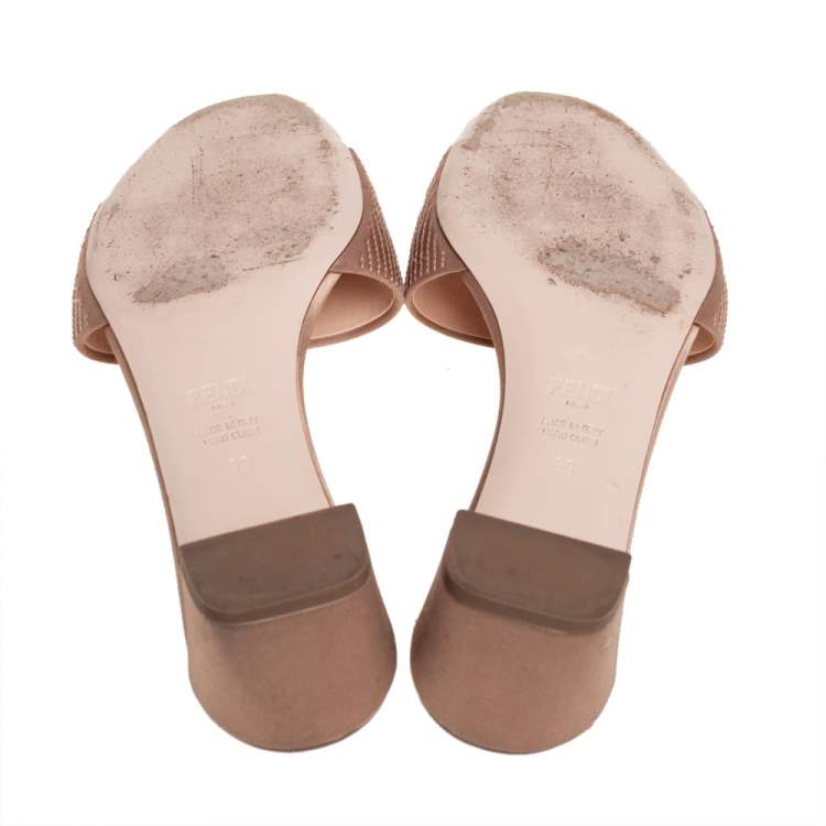 مملوكة مسبقًا Fendi Beige Satin Logo Embroidered Block Heel Slide Mules Size 39