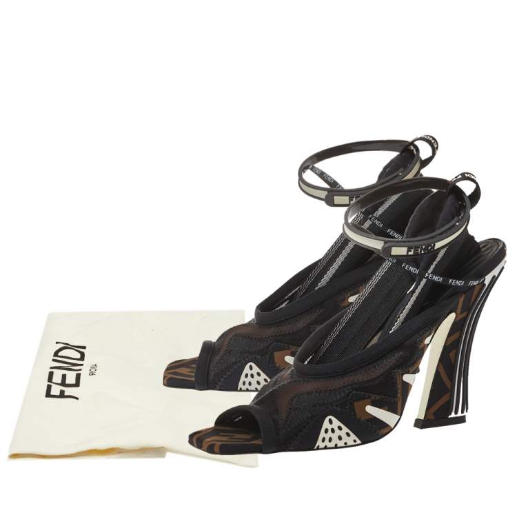 Pre Owned Fendi Multicolor Mesh And Canvas Ankle Wrap Sandals Size 37.5