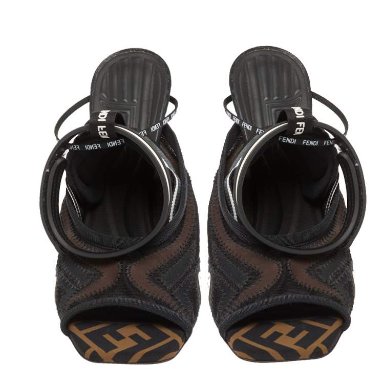 Pre Owned Fendi Multicolor Mesh And Canvas Ankle Wrap Sandals Size 37.5