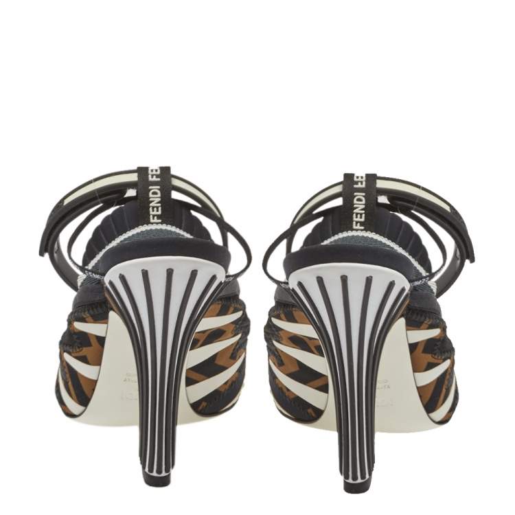 Pre Owned Fendi Multicolor Mesh And Canvas Ankle Wrap Sandals Size 37.5