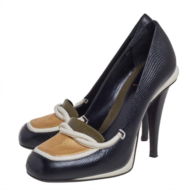 Pre Owned Fendi Black/White Lizard Embossed Leather Pumps Size 38