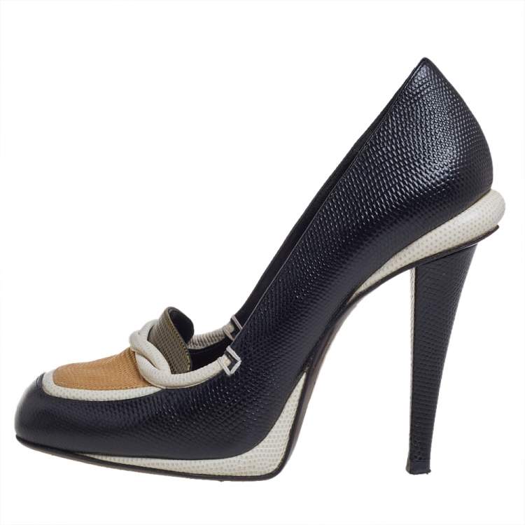 Pre Owned Fendi Black/White Lizard Embossed Leather Pumps Size 38