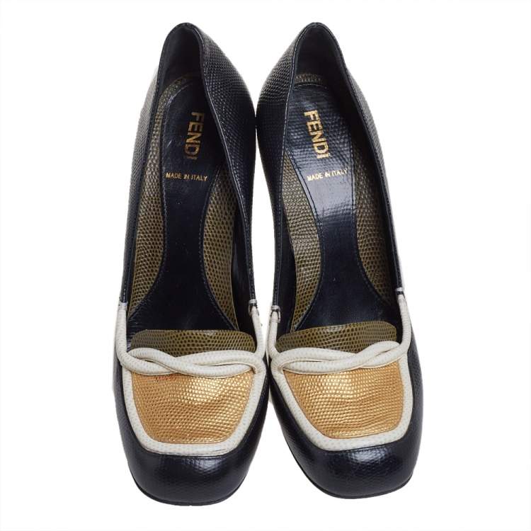 Pre Owned Fendi Black/White Lizard Embossed Leather Pumps Size 38