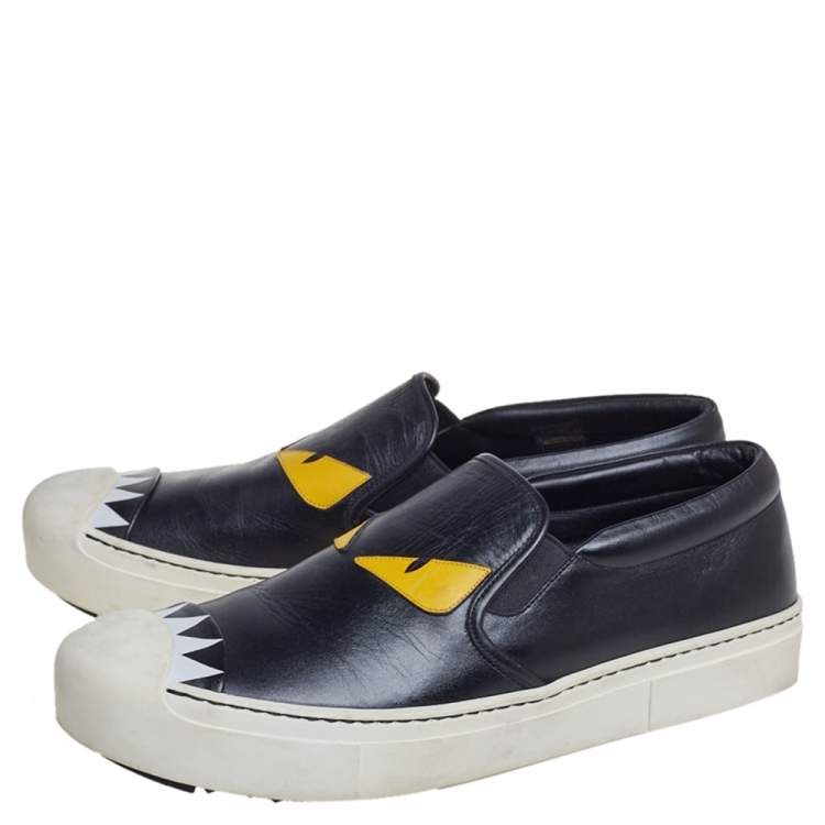 Pre Owned Fendi Black Leather Monster 3D Eyes Slip On Sneakers Size 40