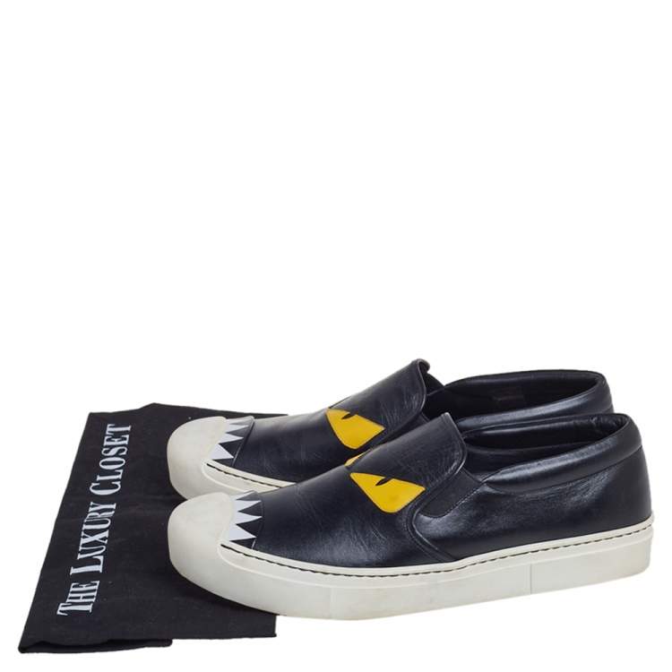 Pre Owned Fendi Black Leather Monster 3D Eyes Slip On Sneakers Size 40