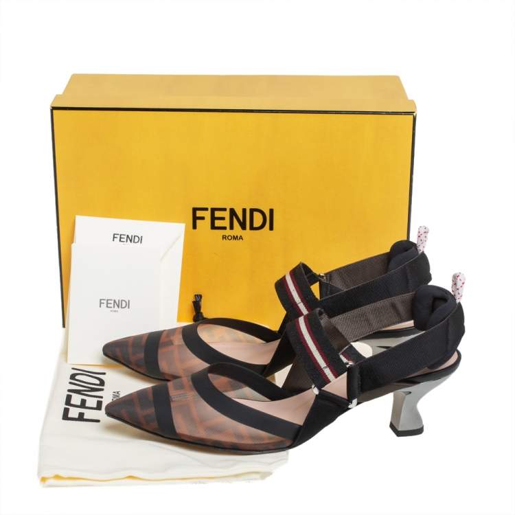 Pre Owned Fendi Brown/Black Zucca Mesh And Leather Colibri Slingback Sandals Size 39