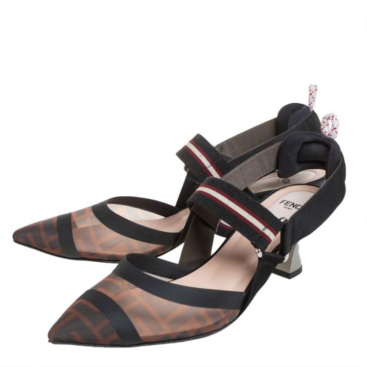 Pre Owned Fendi Brown/Black Zucca Mesh And Leather Colibri Slingback Sandals Size 39