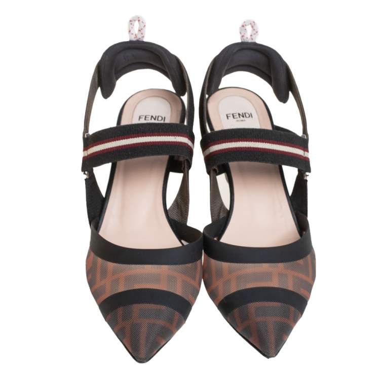 Pre Owned Fendi Brown/Black Zucca Mesh And Leather Colibri Slingback Sandals Size 39
