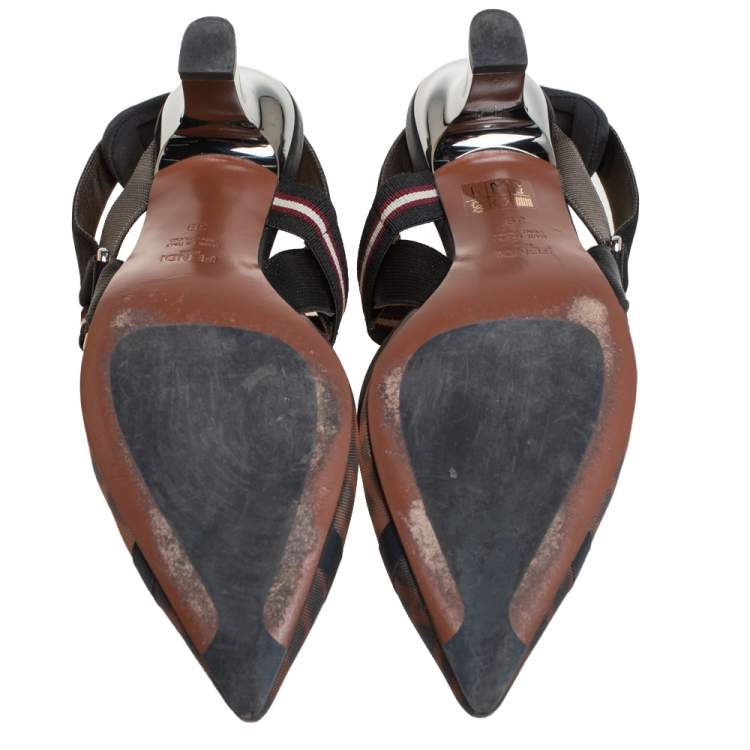 Pre Owned Fendi Brown/Black Zucca Mesh And Leather Colibri Slingback Sandals Size 39