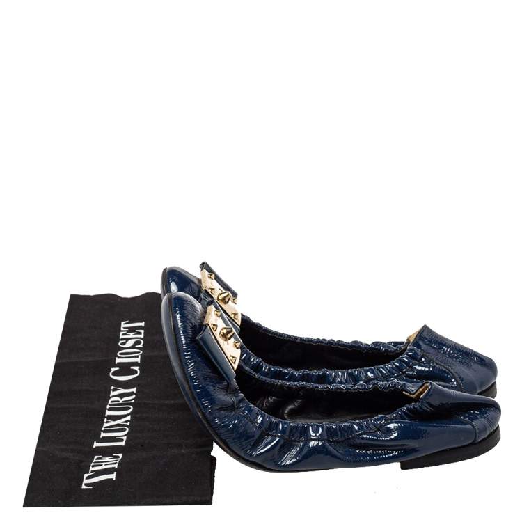 Pre Owned Fendi Blue Patent Leather Bow Detail Scrunch Ballet Flats Size 37.5