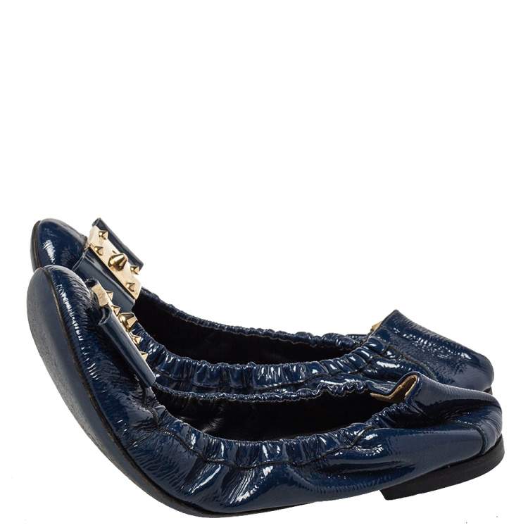 Pre Owned Fendi Blue Patent Leather Bow Detail Scrunch Ballet Flats Size 37.5