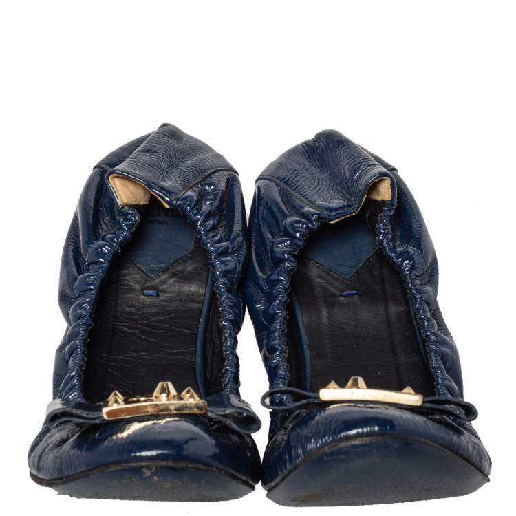 Pre Owned Fendi Blue Patent Leather Bow Detail Scrunch Ballet Flats Size 37.5