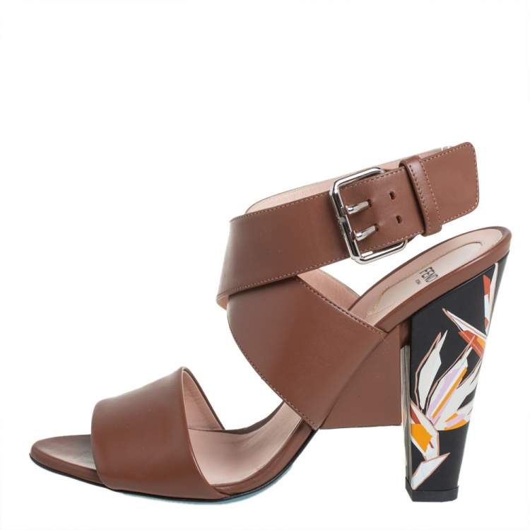 Pre Owned Fendi Brown Leather Ankle Strap Sandals Size 39