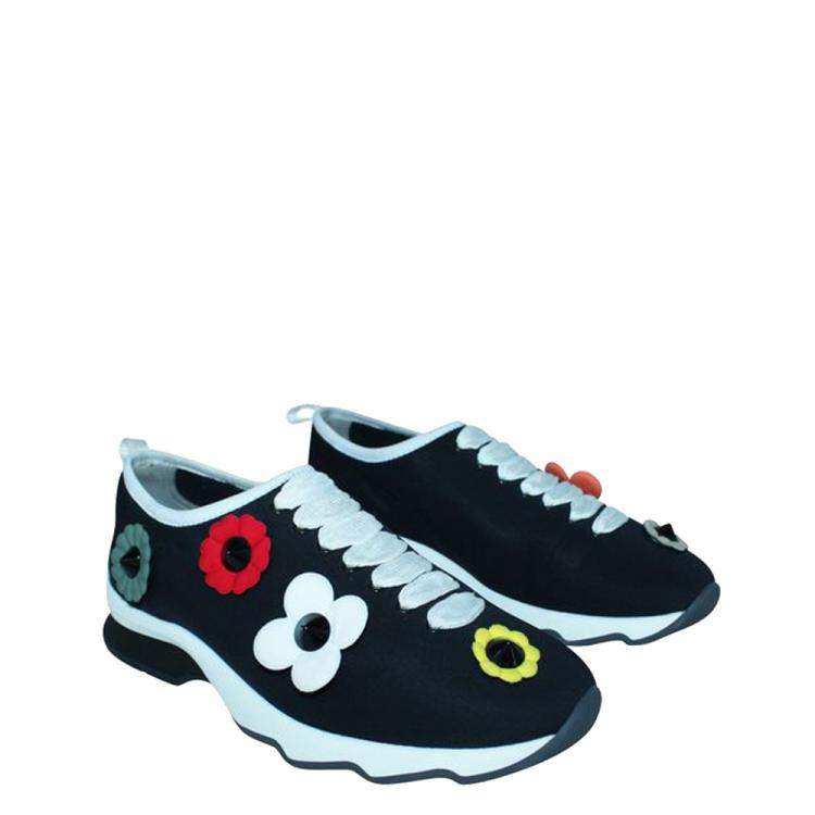 Pre Owned Fendi Black Flower Leather Sneakers EU 38