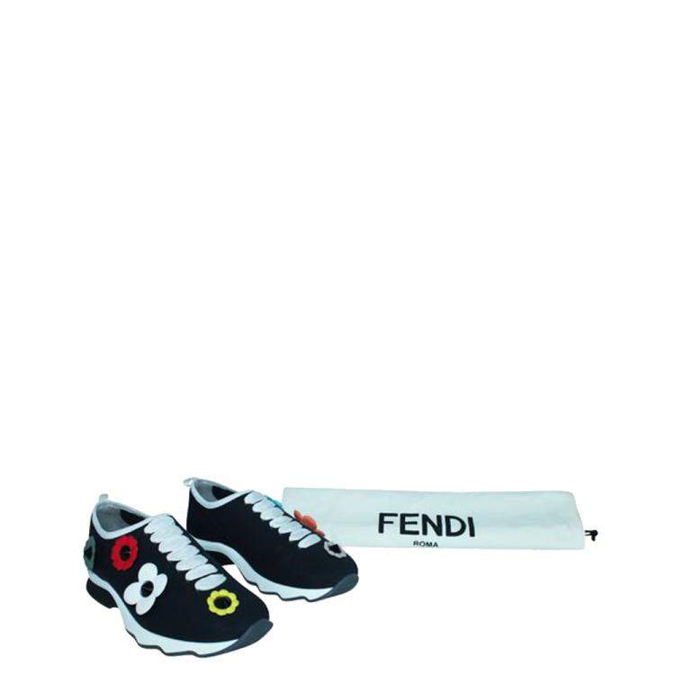 Pre Owned Fendi Black Flower Leather Sneakers EU 38
