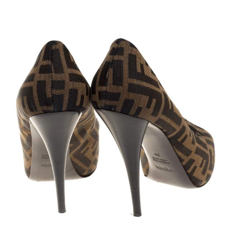 Pre Owned Fendi Brown Zucca Canvas Peep Toe Platform Pumps Size 39