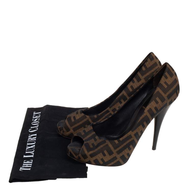Pre Owned Fendi Brown Zucca Canvas Peep Toe Platform Pumps Size 39