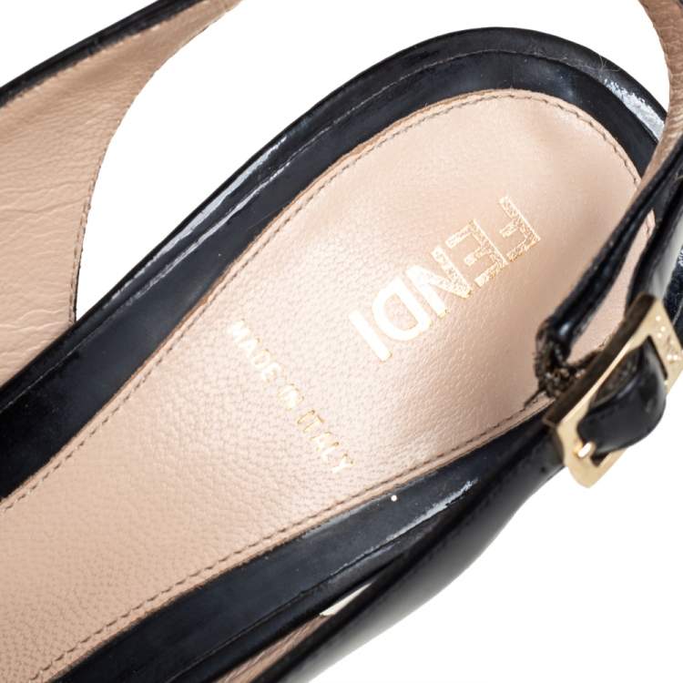 Pre Owned Fendi Black Patent Leather Logo Plaque Sandals Size 38