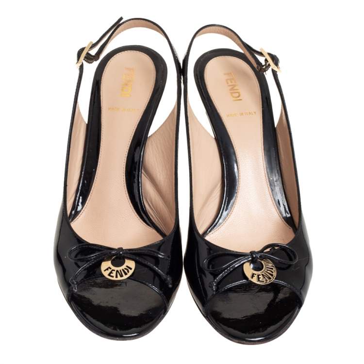 Pre Owned Fendi Black Patent Leather Logo Plaque Sandals Size 38