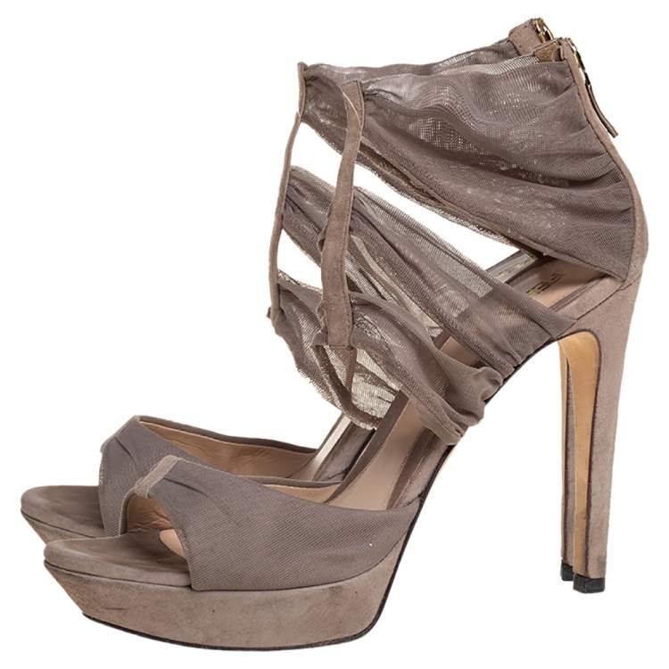 Pre Owned Fendi Grey Lace and Suede Platform Sandals Size 37.5