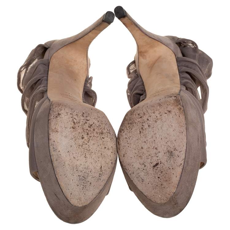 Pre Owned Fendi Grey Lace and Suede Platform Sandals Size 37.5