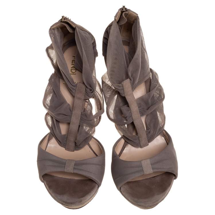 Pre Owned Fendi Grey Lace and Suede Platform Sandals Size 37.5