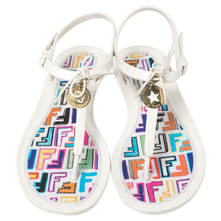 Pre Owned Fendi White Rubber Logo Charm Sunny Thong Flat Sandals Size 40