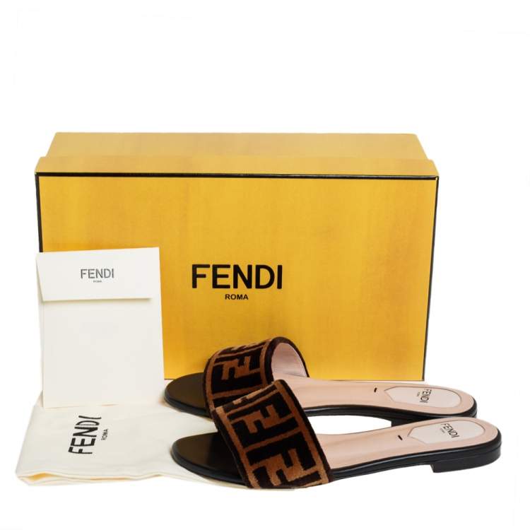 Pre Owned Fendi Brown Zucca Velvet Flat Slides Size 36 