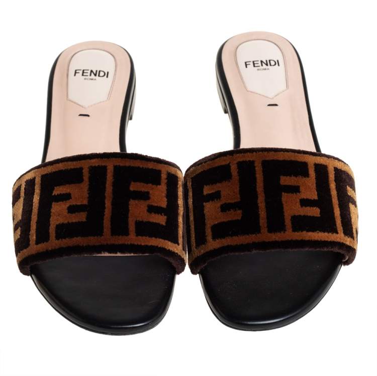 Pre Owned Fendi Brown Zucca Velvet Flat Slides Size 36 