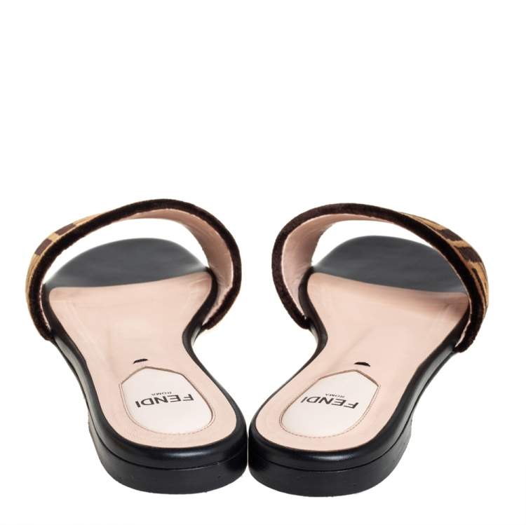 Pre Owned Fendi Brown Zucca Velvet Flat Slides Size 36 
