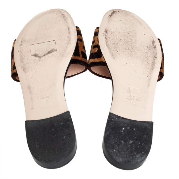 Pre Owned Fendi Brown Zucca Velvet Flat Slides Size 36 