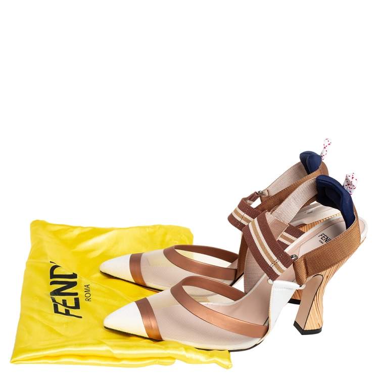 Pre Owned Fendi Multicolor Mesh And Leather Colibrì Slingback Pumps Size 39.5