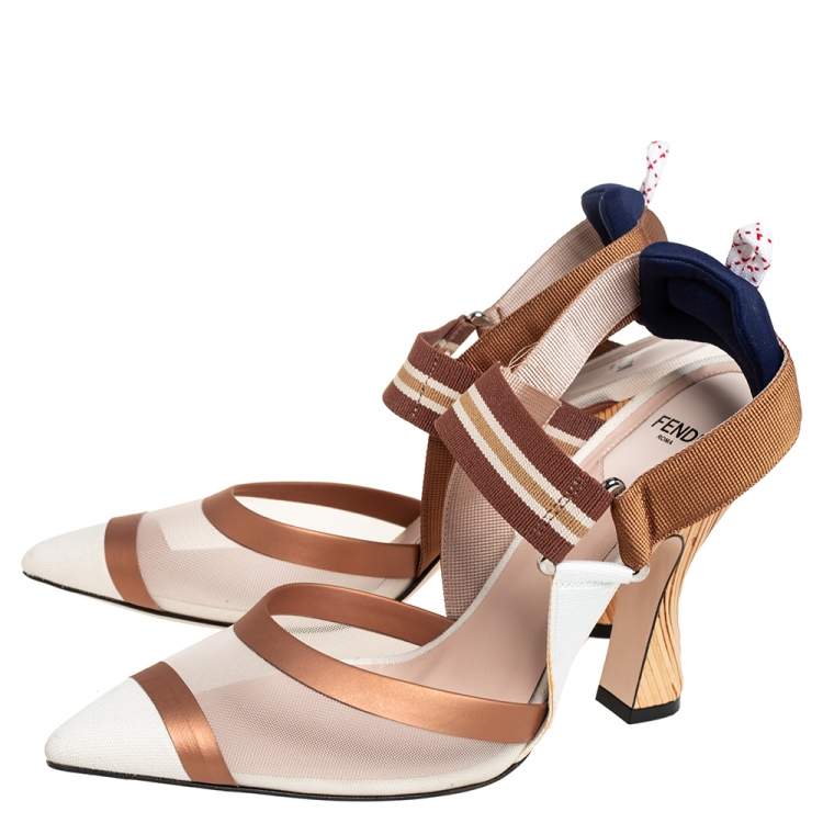 Pre Owned Fendi Multicolor Mesh And Leather Colibrì Slingback Pumps Size 39.5