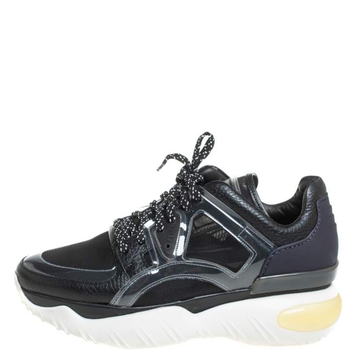 Pre Owned Fendi Black Leather And PVC Fancy Sneaker Size 38