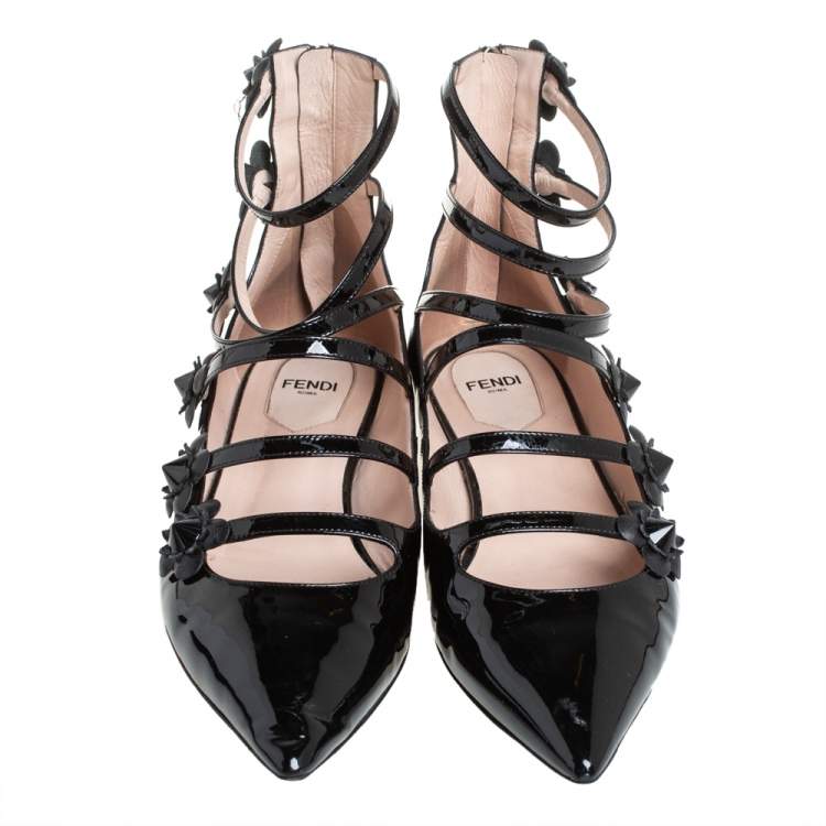 Pre Owned Fendi Black Patent Leather Flowerland Multistrap Flats Size 39.5