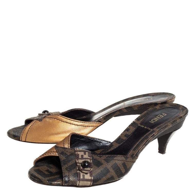 Pre Owned Fendi Brown/Beige Zucca Coated Canvas Slide Sandals Size 36