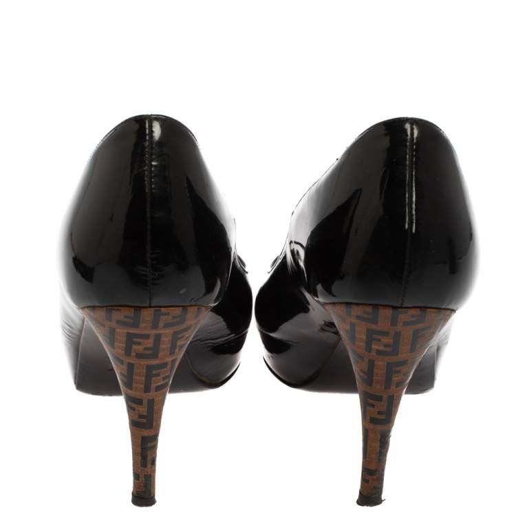 Pre Owned Fendi Black Patent Leather Peep Toe Platform  Pumps Size 37.5