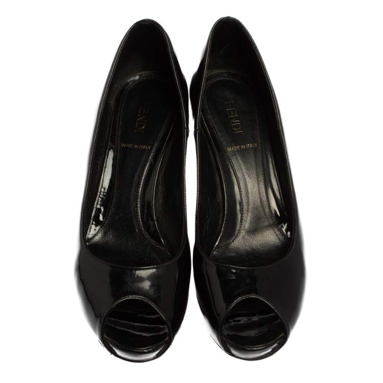 Pre Owned Fendi Black Patent Leather Peep Toe Platform  Pumps Size 37.5