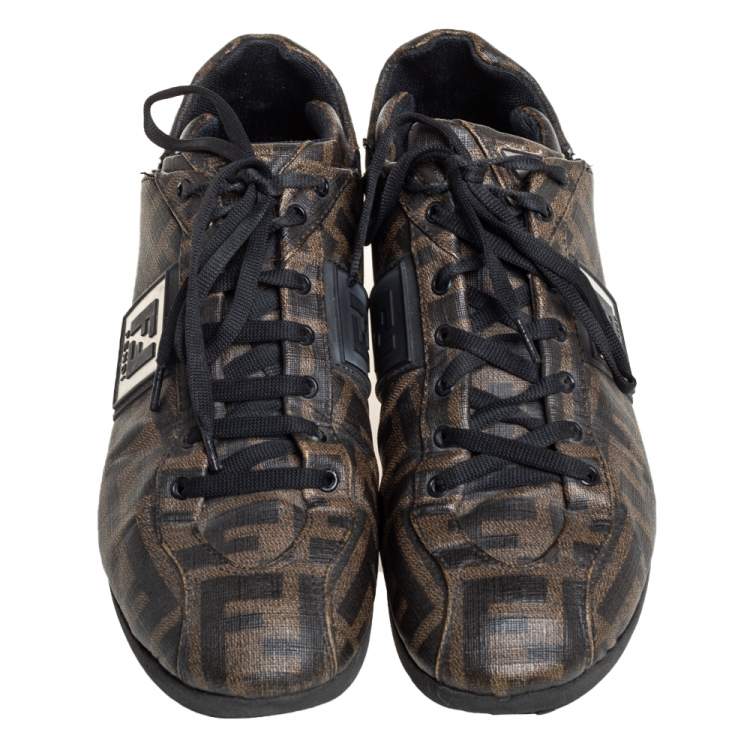 Pre Owned Fendi Tobacco Zucca Canvas And Leather Low Top Sneakers Size 37.5