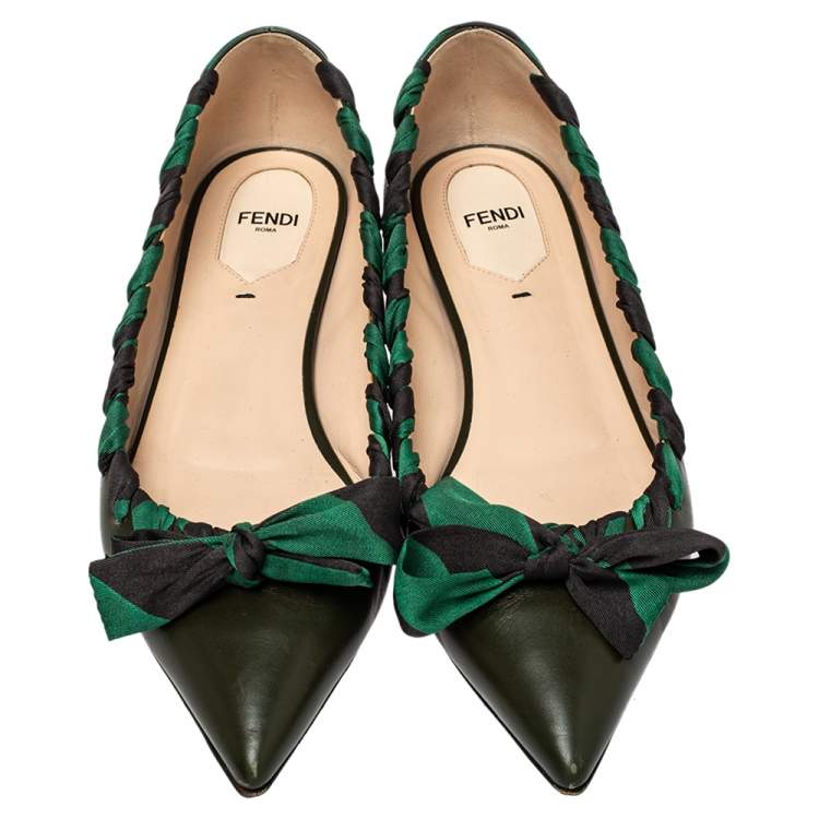 Pre Owned Fendi Olive Green Leather And Fabric Bow Pointed Toe Ballet Flats Size 40