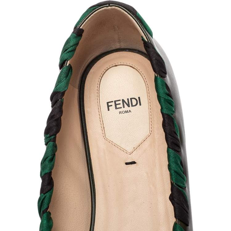 Pre Owned Fendi Olive Green Leather And Fabric Bow Pointed Toe Ballet Flats Size 40