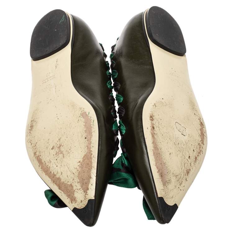 Pre Owned Fendi Olive Green Leather And Fabric Bow Pointed Toe Ballet Flats Size 40