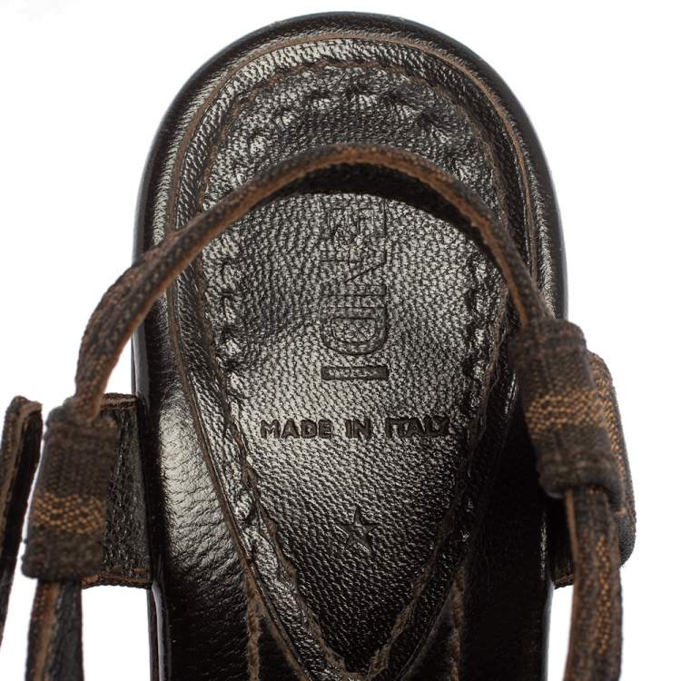 مملوكة مسبقًا Fendi Brown Zucca Canvas Wedges Ankle Strap Sandals 37.5