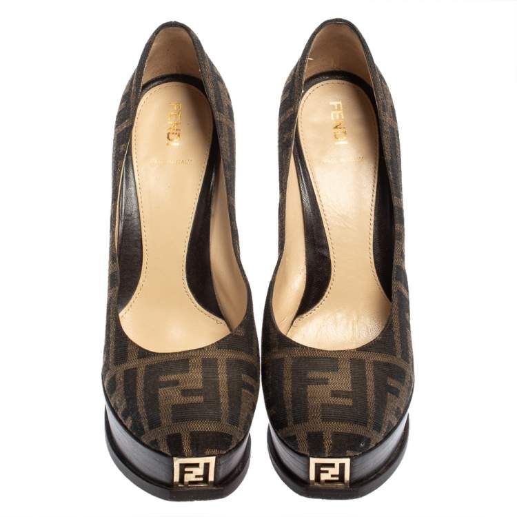 مملوكة مسبقًا Fendi Tobacco Zucca Canvas Fendista Platform Pumps Size 38
