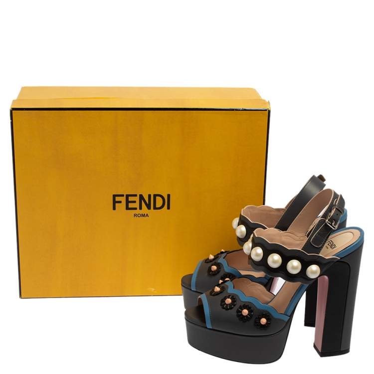Pre Owned Fendi Grey/Blue Leather Pearl Studded Platform Ankle Strap Sandals Size 36