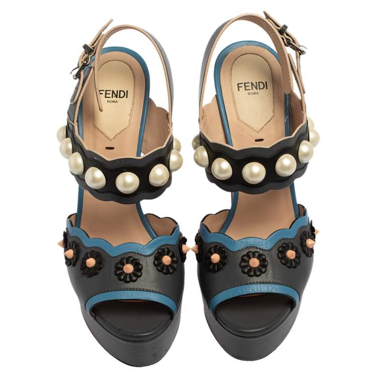 Pre Owned Fendi Grey/Blue Leather Pearl Studded Platform Ankle Strap Sandals Size 36