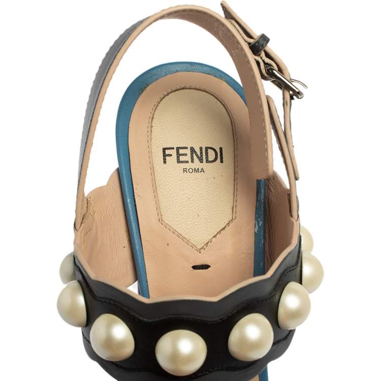 Pre Owned Fendi Grey/Blue Leather Pearl Studded Platform Ankle Strap Sandals Size 36