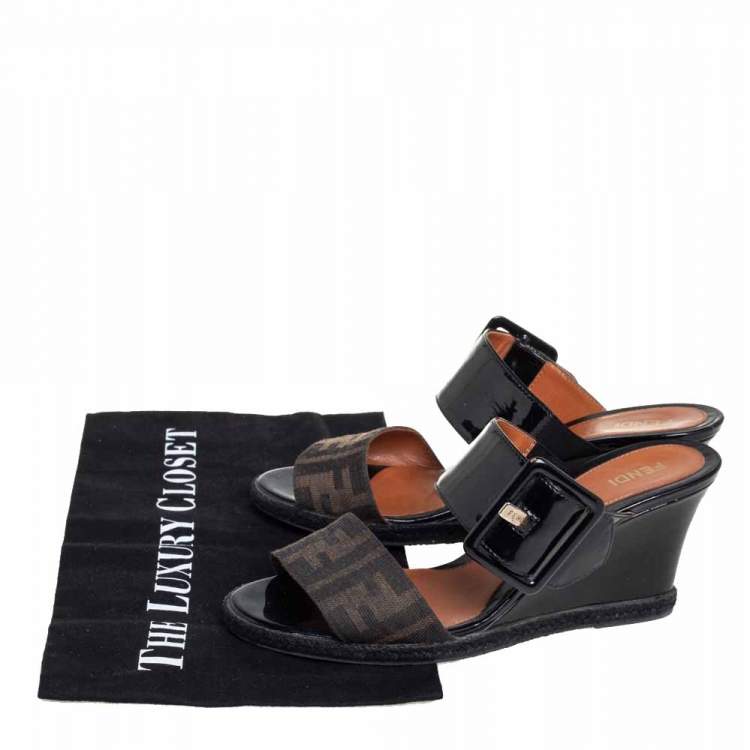 Pre Owned Fendi Black/Brown Patent Leather and Zucca Canvas Demi Wedge Sandals Size 37